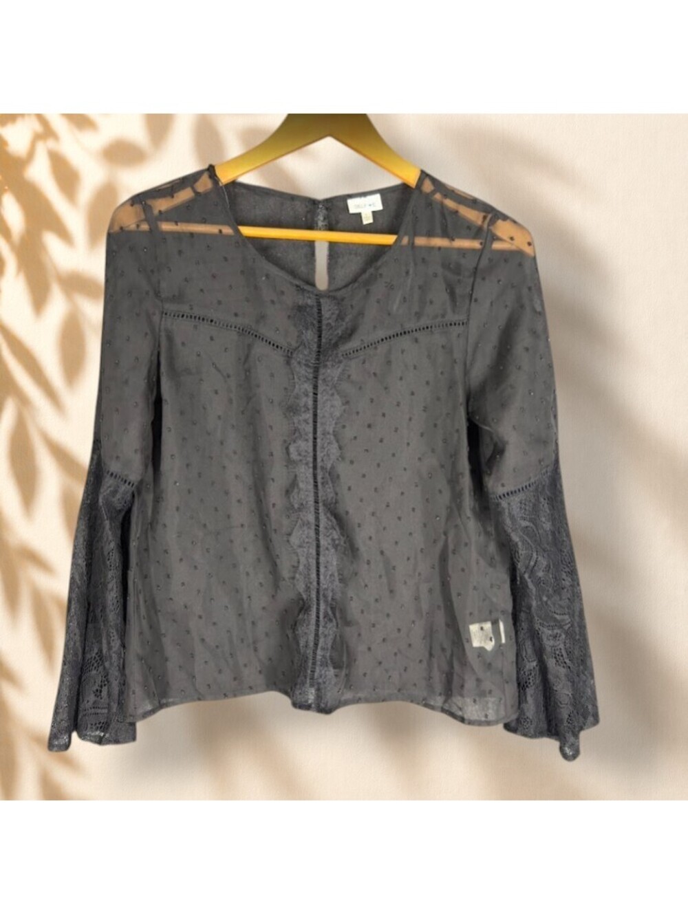 Self E Blouse Women S Small Black Embroidered Long Sleeve Sheer Hook & Eye